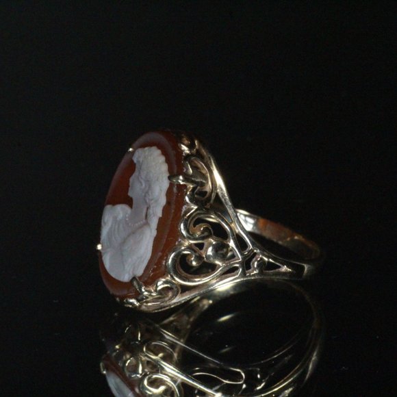 VINTAGE 10k GOLD CARVED CONCH SHELL CAMEO FILIGREE RING - Picture 6 of 8